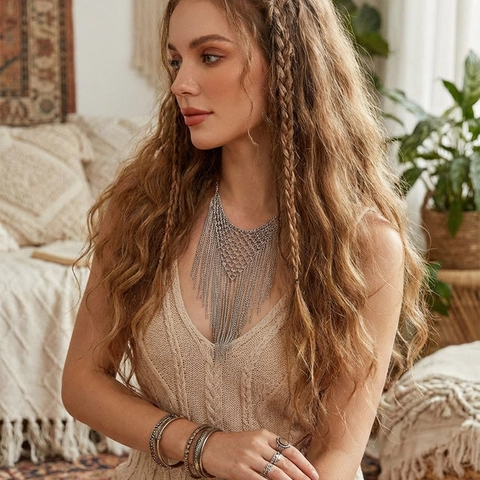 Collier Plastron À Franges Et Glands En Alliage De Ton Argent À Plusieurs Couches Style Bohème Pour Femmes Bijoux De Fête