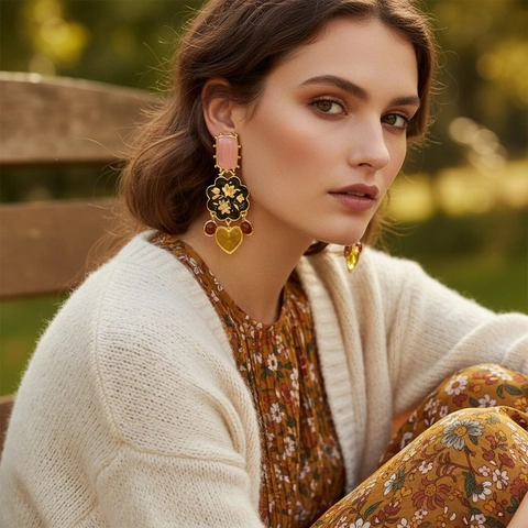 Orecchini Pendenti Stile Palazzo Vintage Con Pendente A Cuore Motivo Floreale Lega Di Zinco Resina E Perno In Acciaio Inossidabile