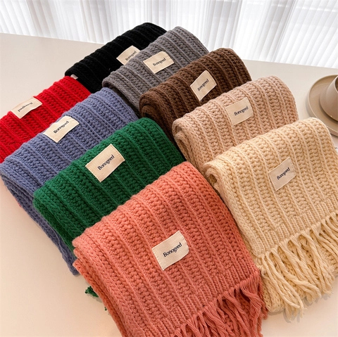 Solid Color Cable Knit Winter Scarf Thick Warm Tassel Shawl Acrylic Nylon Wool Polyester Blend For Women