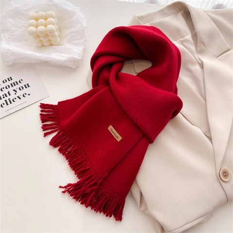 Knitted Winter Scarf Solid Color Warm Shawl With Tassels And Handmade Leather Label Acrylic Nylon Polyester Blend Women