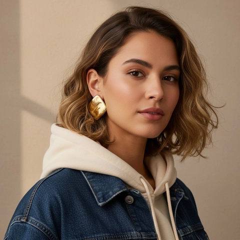 Geometric Square Stud Earrings For Women Metal Alloy With Stainless Steel Earring Post Smooth Exaggerated Retro Style