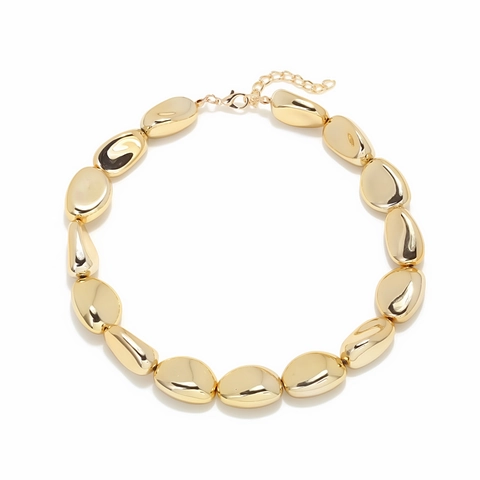 Irregular Pebble Beaded Necklace High Polish Metallic Bean Shape Choker Adjustable Extension Chain Retro Fashion Jewelry