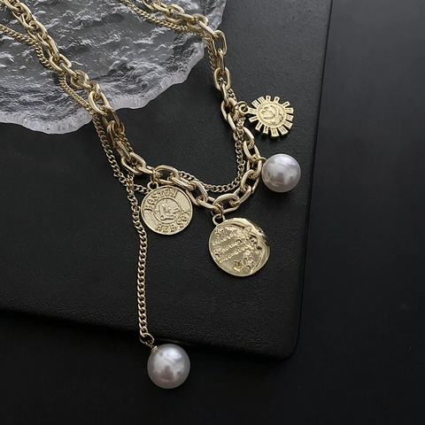 Layered Necklace Copper Alloy Gold Plated Multi Layer Retro Coin Sun Pendants With Imitation Artificial Pearl For Women Statement Jewelry