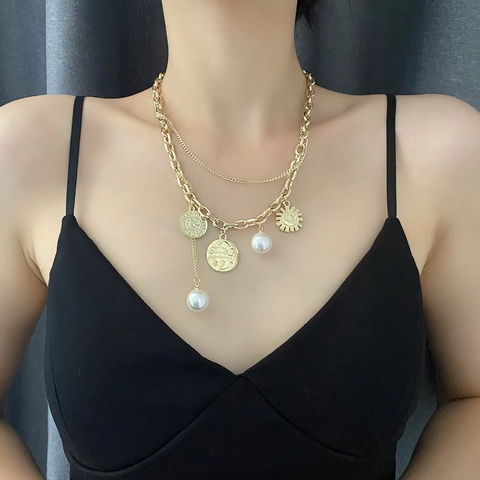 Layered Necklace Copper Alloy Gold Plated Multi Layer Retro Coin Sun Pendants With Imitation Artificial Pearl For Women Statement Jewelry