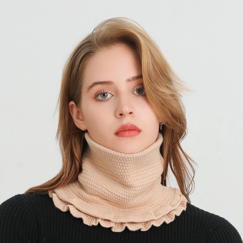 Knitted Neck Warmer Snood Soft Double Layer Warm Winter Neck Gaiter With Ruffle Edge For Women Men Solid Color