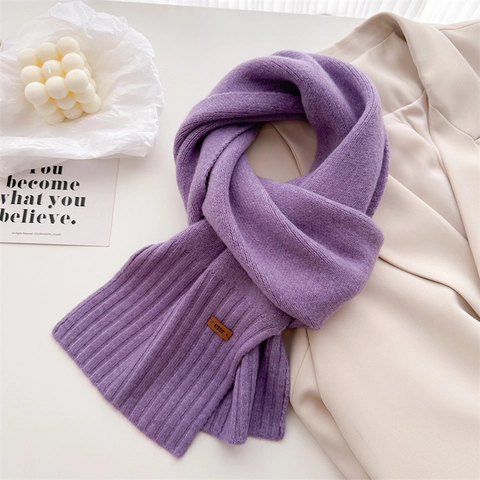 Damen Weicher Strickschal Winter Warm Wollmischung Pashmina Einfarbig Gerippter Schal Mit Buchstaben-Patch Mode Halswärmer
