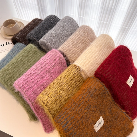 Women Korean Style Wool Blend Knit Scarf Mid-Length Solid Color Winter Warm Shawl With Letter Label Wrap Elegant Versatile Neck Warmer