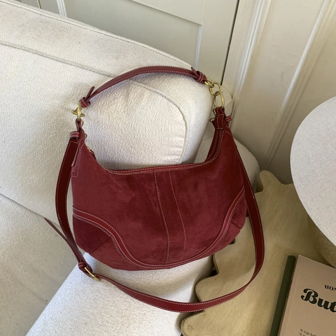 Suede Hobo Bag Women Half Moon Shoulder Bag With Contrast Stitching Vintage Casual Commute Handbag Adjustable Strap