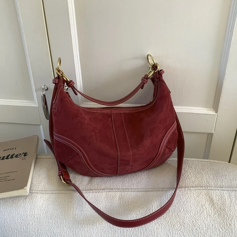 Suede Hobo Bag Women Half Moon Shoulder Bag With Contrast Stitching Vintage Casual Commute Handbag Adjustable Strap
