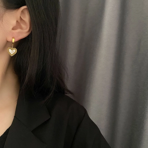 Heart Hoop Earrings Mother Of Artificial Pearl Inlay Titanium Steel Stainless Steel Earring Post French Vintage Jewelry For Women Elegant