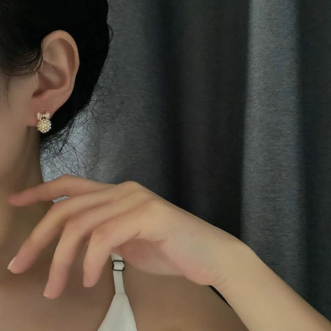 Copper Bowknot Stud Earrings With 925 Sterling Silver Earring Post Zircon Faux Artificial Pearl Cluster Ball Elegant Jewelry Women