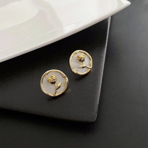 Orecchini A Lobo Rosa Retrò Francesi Nacre Rilievo 3D Rame Placcato Oro 925 Sterling Silver Earring Post Elegante