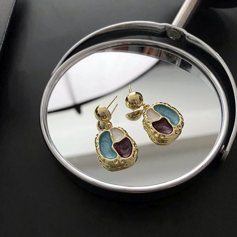 Irregular Enamel Drop Earrings French Retro Gold Color Alloy With 925 Sterling Silver Earring Post Elegant For Women