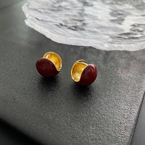 Orecchini A Cerchio Con Sfera In Smalto Rosso Borgogna Rame Placcato Oro Vintage Borchie Tonde Donna Gioielli Eleganti