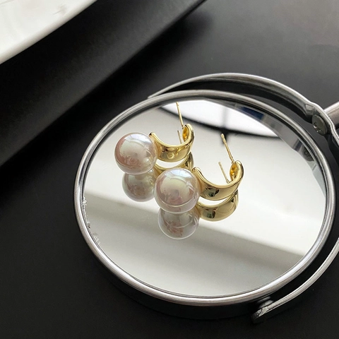 Artificial Pearl Drop Earrings Copper 18K Gold Plated With 925 Sterling Silver Earring Post Geometric Circular Arc Elegant For Women