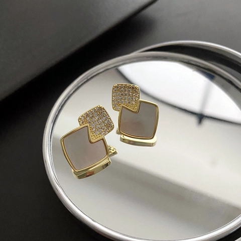 Geometric Square Stud Earrings Copper Gold Plated With White Mother Of Artificial Pearl Zircon And 925 Sterling Silver Earring Post