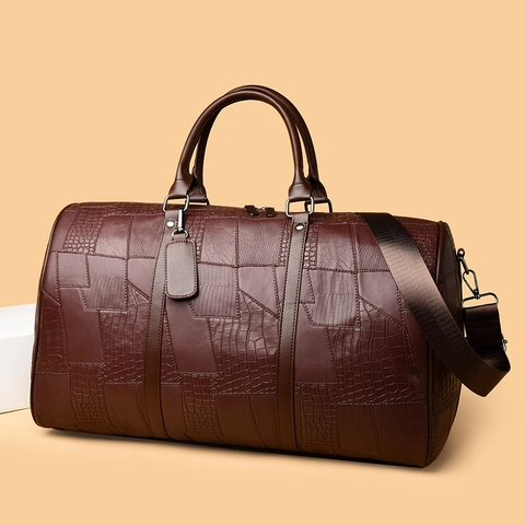 Vintage Crocodile Embossed Patchwork PU Leather Travel Bag Large Capacity Duffel Bag For Business Trip Fitness Weekend Unisex