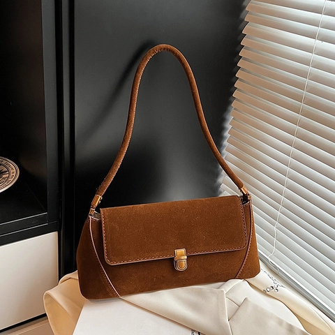 Vintage Suede Baguette Bag For Women Retro Underarm Shoulder Bag With Gold Buckle Clasp Solid Color Handbag