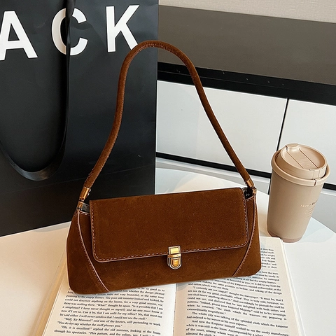 Vintage Suede Baguette Bag For Women Retro Underarm Shoulder Bag With Gold Buckle Clasp Solid Color Handbag
