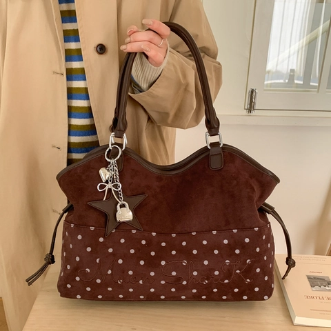 Grote Suède Shopper Retro Polkadot Print Borduurwerk Schoudertas Met Sterhangers Casual Voor Dames