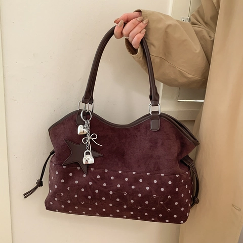 Grote Suède Shopper Retro Polkadot Print Borduurwerk Schoudertas Met Sterhangers Casual Voor Dames