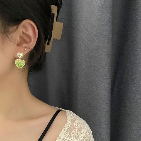 Herzform Ohrhänger Grüne Steine Strass Vergoldeter Kupfer Mit 925 Sterling Silber Ohrstecker Damen Vintage Stil