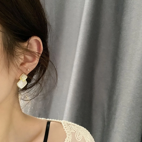 Geometric Square Stud Earrings Copper Gold Plated With White Mother Of Artificial Pearl Zircon And 925 Sterling Silver Earring Post