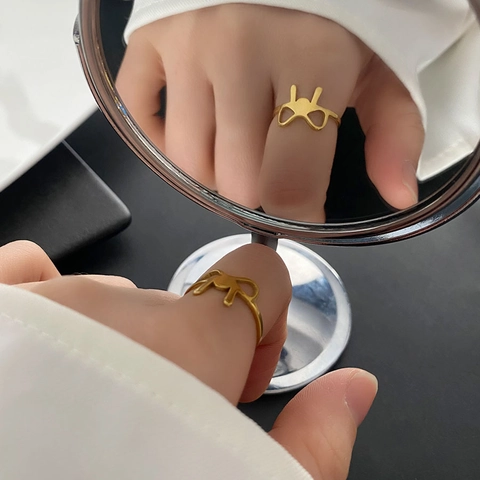Bowknot Ring Stainless Steel Minimalist Geometric Hollow Chic Finger Jewelry For Women Non-fading Elegant Accessory