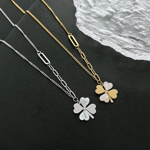 Lucky Clover Pendant Necklace Earrings Titanium Steel Mother Of Artificial Pearl Shell Rhinestone Asymmetrical Chain For Women