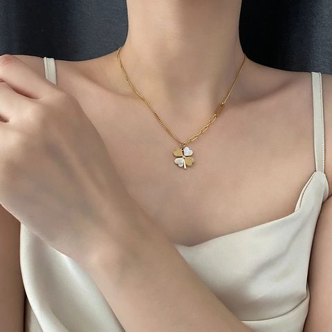 Lucky Clover Pendant Necklace Earrings Titanium Steel Mother Of Artificial Pearl Shell Rhinestone Asymmetrical Chain For Women