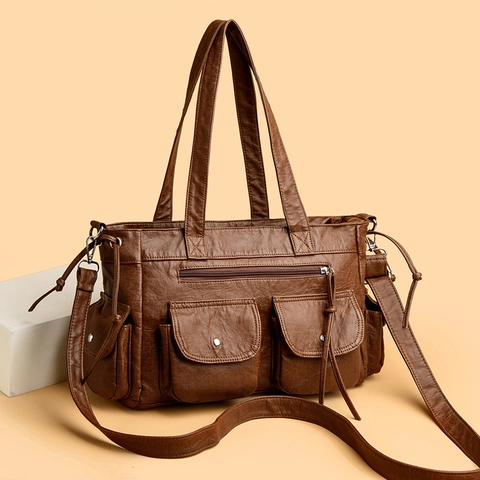 Borsa Tote Vintage Con Tasche Multiple Pelle PU Grande Capacità Borsa A Tracolla Casual Moda Retrò Per Donne