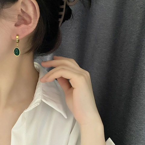 Retro Emerald Zircon Teardrop Hoop Earrings For Women Titanium Steel Gold Plated Minimalist Elegant Jewelry Accessory