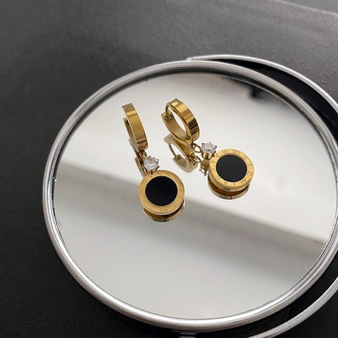 Roman Numeral Drop Earrings Titanium Steel With Black Zircon Geometric Hoop Dangle For Women Minimalist Fashion Jewelry