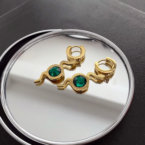 Vintage Snake Shape Titanium Steel Earrings With Green Gemstone Golden Animal Dangle Hoop Jewelry For Women