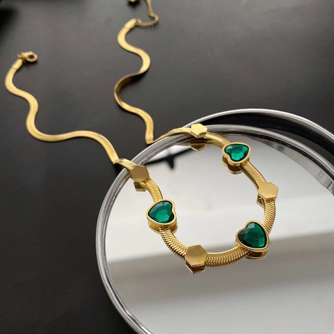Collana A Cuore Pietra Preziosa Verde Smeraldo Acciaio Al Titanio Catena A Spina Di Pesce Gioielli Di Lusso Vintage Per Donna