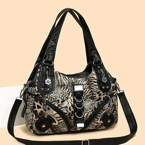 Damen PU Leder Schultertasche Tierdruck Leopard Zebra Muster Multi-Pocket Niete Fashion Tote Umhängetasche