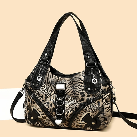 Damen PU Leder Schultertasche Tierdruck Leopard Zebra Muster Multi-Pocket Niete Fashion Tote Umhängetasche