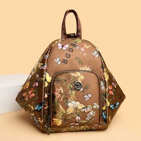 Fashion Women Backpack Butterfly Floral Print Nylon Multi-functional Large Capacity Casual Rucksack For Daily Travel