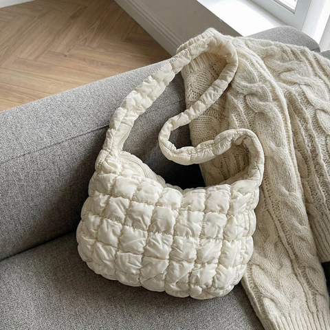 Women Quilted Padded Shoulder Bag Puffy Cloud Hobo Nylon Lightweight Bubble Texture Zipper Handbag
