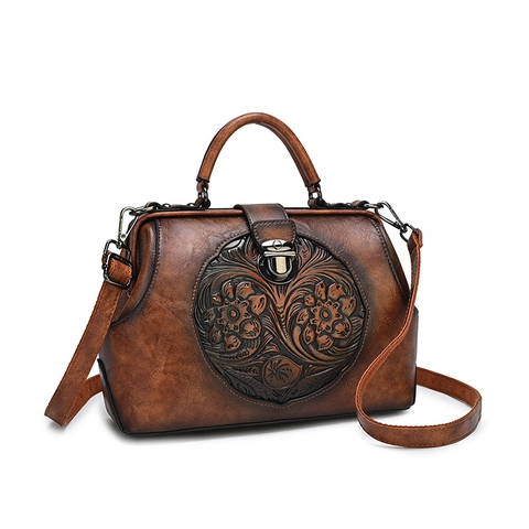 Women Vintage Floral Embossed PU Leather Handbag Retro Doctor Bag With Crossbody Strap Elegant Metal Lock Top Handle Purse