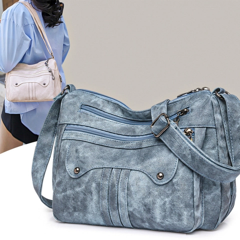 Women Retro Washed PU Leather Crossbody Bag Multi-Pocket Large Capacity Vintage Shoulder Messenger Bag With Rivets