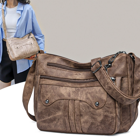Women Retro Washed PU Leather Crossbody Bag Multi-Pocket Large Capacity Vintage Shoulder Messenger Bag With Rivets