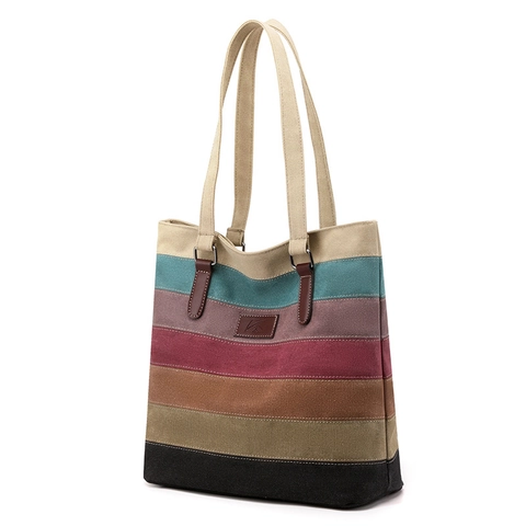 Gestreepte Canvas Draagtas Met Kleurblok Ontwerp Grote Capaciteit Rits Handtas Retro Casual Schoudertas Voor Dames