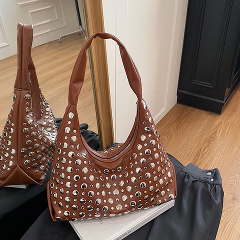 Women Hobo Shoulder Bag PU Leather Silver Rivet Studded Crescent Half Moon Punk Rock Retro Streetwear Handbag