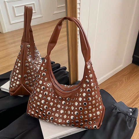 Women Hobo Shoulder Bag PU Leather Silver Rivet Studded Crescent Half Moon Punk Rock Retro Streetwear Handbag
