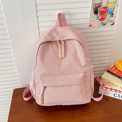 Women Casual Corduroy Backpack Large Capacity School Bag With Woven Zipper Puller Minimalist Mori Style Travel Daypack