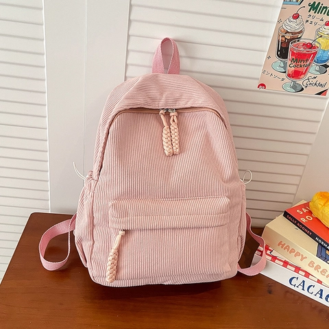 Women Casual Corduroy Backpack Large Capacity School Bag With Woven Zipper Puller Minimalist Mori Style Travel Daypack