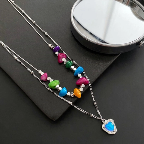 Double Layer Heart Necklace Colorful Mixed Beaded Titanium Steel Alloy Iridescent Pendant Clavicle Chain For Women Fashion