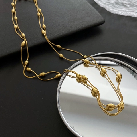 Minimalist Titanium Steel Multi Layer Long Necklace And Bracelet With Oval Metal Beads Snake Chain For Women