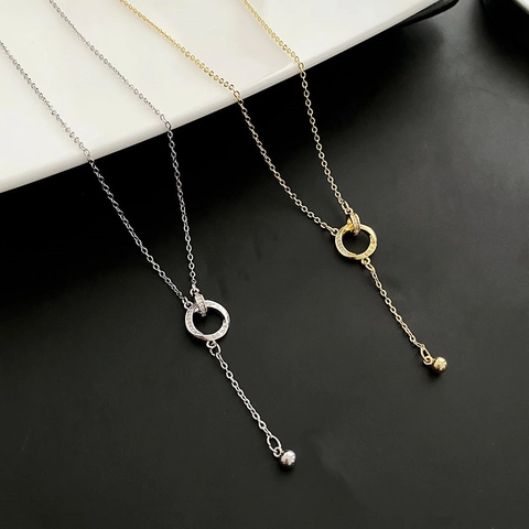 Ineinandergreifende Kreise Y Halskette Kupfer Zirkonia Love Gravur Tassel Perle Anhänger Für Damen